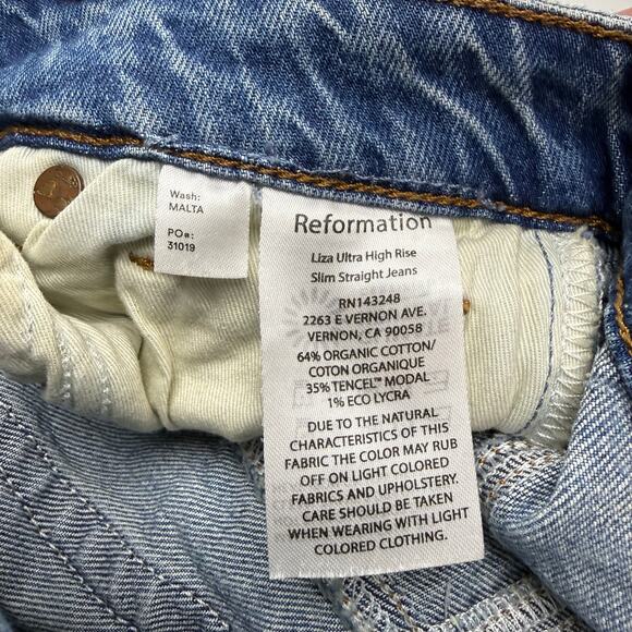 REFORMATION Liza Ultra High Rise Slim Straight Jeans Sze 24 Malta Blue - Picture 4 of 6